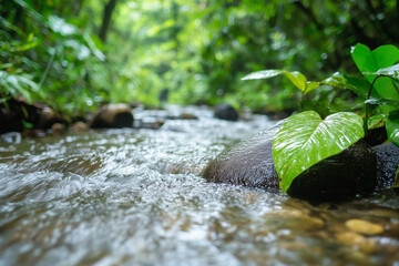 Poster - serene rainforest stream flows over smooth rocks, surrounded by lush greenery and vibrant leaves, creating tranquil natural scene