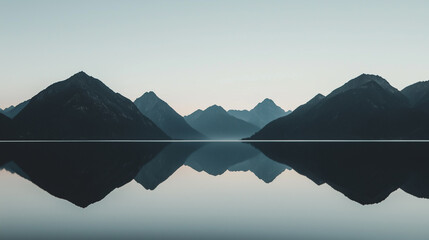 Aufkleber - serene mountain range is perfectly reflected in calm water, creating symmetrical and tranquil landscape. scene captures peacefulness of nature with clear sky above