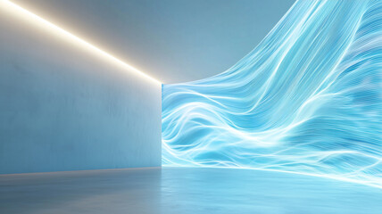 Aufkleber - minimalist room with flowing fiber optic lights creates serene and futuristic atmosphere. blue and white lights form dynamic patterns against simple wall, enhancing modern design