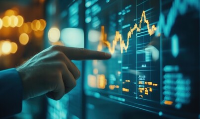 Poster - Close Up Of Hand Pointing At Financial Data On A Computer Screen