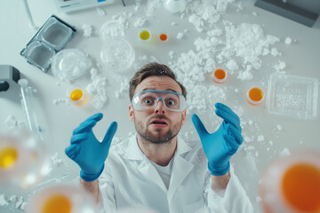 Aufkleber - male scientist in lab appears panicked, surrounded by scattered lab equipment and substances. He wears safety goggles and blue gloves, looking up with worried expression