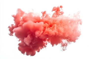 Poster - Coral red smoke swirl on white canvas, striking crimson haze ideal for creative designs, fashion visuals, trendy events, artistic projects, and captivating digital media elements