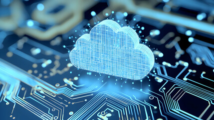 Poster - Abstract Cloud Icon Illuminated On A Circuit Board Representing Digital Technology