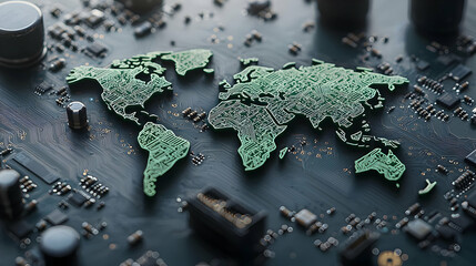 Poster - Green Illuminated World Map Overlayed On A Complex Circuit Board Depicting Global Technological Connections