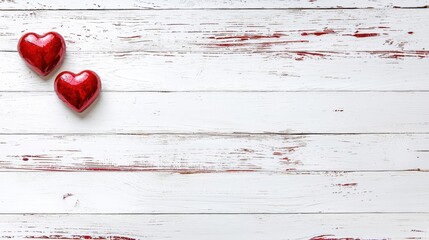 Aufkleber - Two red hearts placed on a textured white wood background creating a romantic and cozy atmosphere