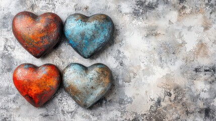 Aufkleber - Three rusty hearts arranged on a textured concrete background for artistic display