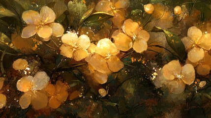 Poster - Painting of yellow flowers on dark background with rich texture and vibrant colors