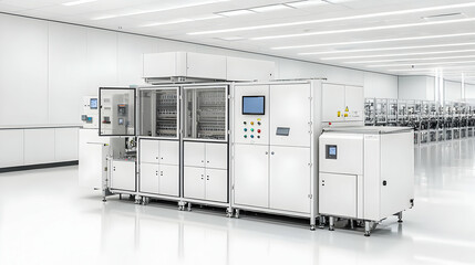 Poster - Complex White Industrial Machine in a Bright Modern Cleanroom Environment with Digital Displays and Control Panels