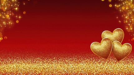 Aufkleber - Two hearts on a red background decorated with gold glitter for romantic themes and celebrations