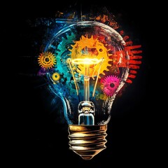 Fototapete - Creative Illumination: A Light Bulb Filled with Colorful Gears and Abstract Textures on a Black Background