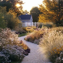 Poster - Serene Garden Path Leading to a Cottage at Sunset, Featuring Ornamental Grasses and a White Picket Fence