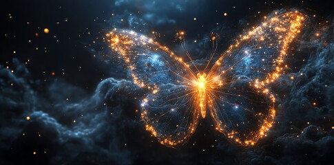 Wall Mural - Glowing Butterfly Artwork with Sparkles and Dark Clouds in Fantasy Style