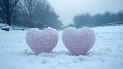 Aufkleber - Two pink hearts placed on a snowy surface during winter season showcasing love and affection