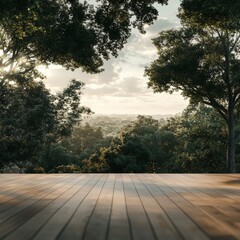 Poster - Wooden Deck Overlooking a Lush Green Forest with Soft Sunlight Filtering Through the Trees at Dusk.