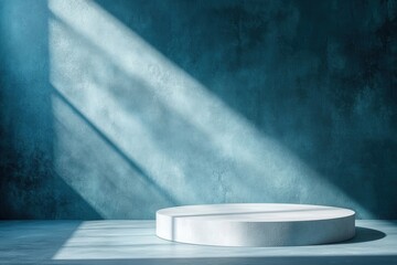 Poster - Blue gradient backdrop with bright white illumination on podium, featuring minimal wall texture and soft sunlight on concrete floor, ideal for winter-themed product presentations