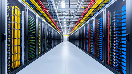 Poster - Symmetrical Server Room Interior With Multiple Rows Of Racks Containing Technology Hardware And Cables