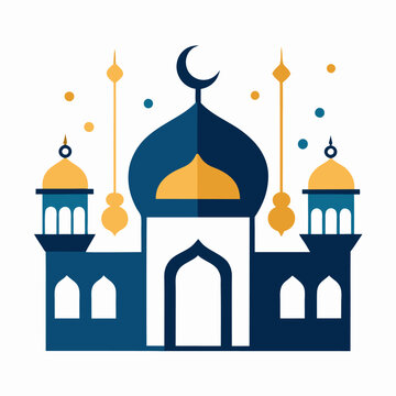 Islamic Eid Mosque Illustration with Hanging Lanterns & Calligraphy.