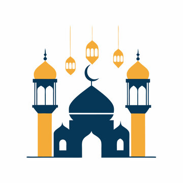 Islamic Eid Mosque Illustration with Hanging Lanterns & Calligraphy.