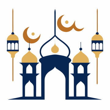 Intricate Eid Mubarak Calligraphy with Mosque & Lanterns Design.