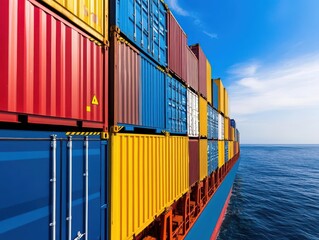 Poster - Colorful Cargo Ship Carrying Shipping Containers on a Sunny Day at Sea