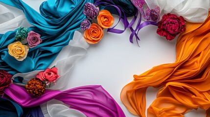 Poster - Vibrant flat lay of colorful fabrics and flowers studio product photography artistic overhead creative display