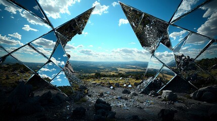 Poster - Geometric mirror artwork reflecting nature's landscape outdoor installation scenic view artistic concept