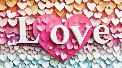 Poster - Colorful Paper Hearts Background with Love Word
