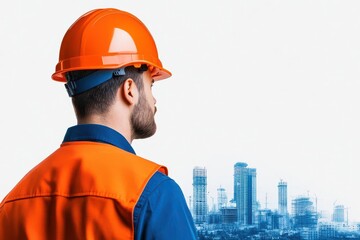 Aufkleber - Construction Worker in Orange Vest and Hard Hat Observing City Skyline