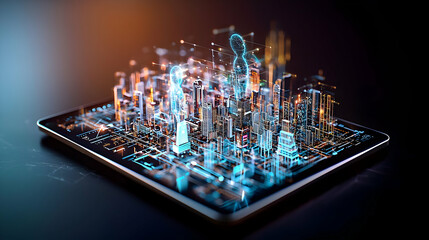 Poster - Digital Cityscape Displaying Data Network Emerging From A Tablet on Black Background