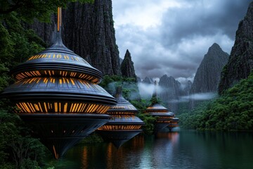 Poster - A futuristic city built with earthquake-resistant floating structures, glowing with advanced technology
