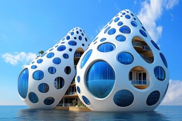 Poster - A futuristic city built with earthquake-resistant floating structures, glowing with advanced technology