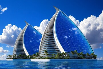 Poster - A futuristic floating city designed to combat desertification, powered by renewable energy and green technology