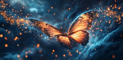 Wall Mural - Glowing Butterfly Flying Amidst Sparkling Light Trails and Dreamy Clouds