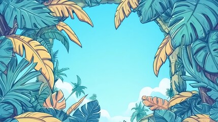 Lush tropical jungle leaves frame a sunny sky; ideal for travel brochures