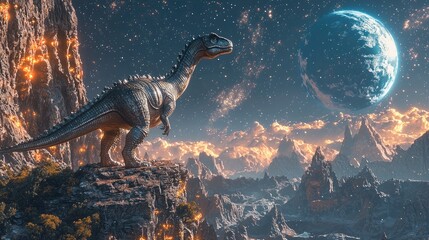 a majestic dinosaur stands on a rocky landscape, gazing at a vibrant, distant planet, amidst a stunn