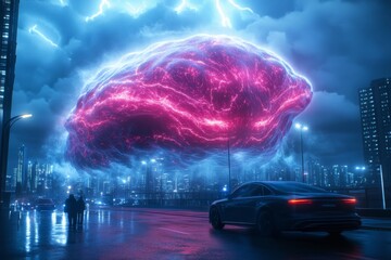 Poster - A high-tech cyberpunk defense system using force fields to stop a glowing neon-colored avalanche from destroying a futuristic city