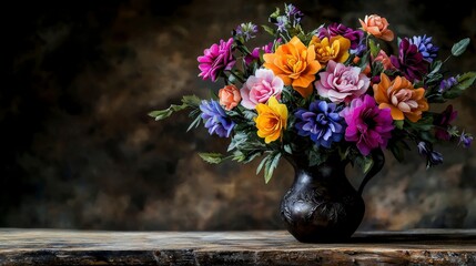 Poster - Vibrant floral still life art studio oil painting dark background close-up nature's beauty