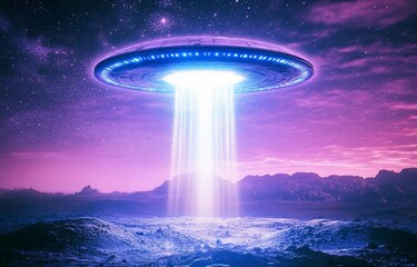 Wall Mural - ufo spaceship hovering over an alien landscape at night, emitting a bright light beam.
