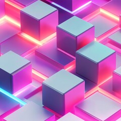 Aufkleber - Luminous Cube Grid: Abstract geometric landscape with glowing neon edges and pastel colored blocks, creating a modern, futuristic texture.