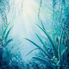 Poster - Tranquil Canopy: A Painted Underwater Scene with Sunlight, Lush Greenery, and Blue Tones Ethereally Combined
