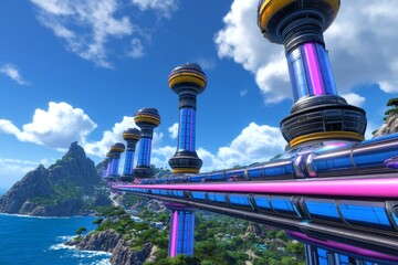 Poster - A neon-lit cyberpunk island city with floating docks, glowing towers, and futuristic sea transport