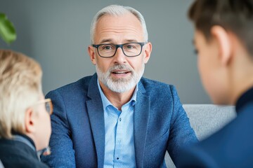 Aufkleber - Mature Man in Blue Blazer Speaks with Two Attentive Colleagues During a Serious Business Meeting