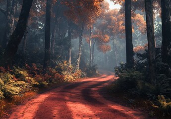 Sticker - Winding dirt road through a misty autumn forest with vibrant foliage.