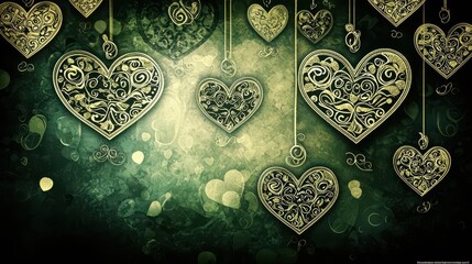 Aufkleber - Ornate Gold Hearts Hanging on Dark Green Background