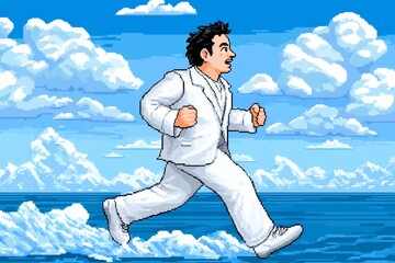 Aufkleber - A pixel-art scene of a tiny character running away from a fast-moving avalanche in a retro 8-bit game style