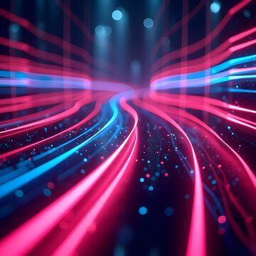 Dynamic background with pink and blue glowing lines, creating a sense of movement and data flow