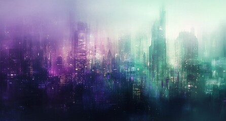 Wall Mural - futuristic city skyline at night, shrouded in purple and teal fog.