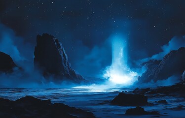 Wall Mural - ethereal blue light illuminates a dark, rocky seascape at night, creating a mystical atmosphere.