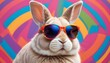 © Rama - A stylish bunny rocking sunglasses, set against a vibrant and eye-catching multicolored background. perfect for easter concept
