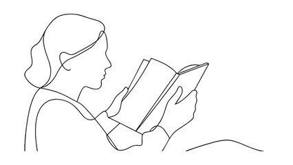 Poster - Woman Reading Book Minimalist Line Art Drawing Illustration